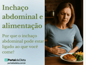 Mulher com expressão de desconforto segurando a barriga, sentada à mesa com um prato de comida; imagem ilustrativa sobre inchaço abdominal e alimentação.