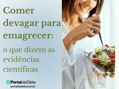 Mulher comendo salada devagar ao lado do título “Comer devagar para emagrecer: o que dizem as evidências científicas” no Portal da Dieta.
