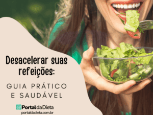 Mulher feliz comendo salada verde devagar, representando o guia prático e saudável para desacelerar suas refeições.
