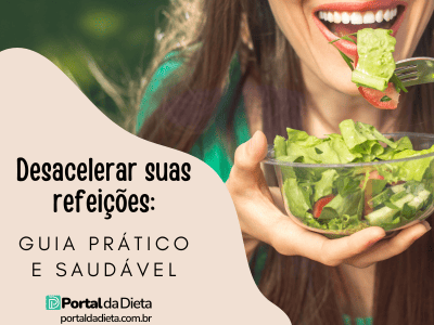 Mulher feliz comendo salada verde devagar, representando o guia prático e saudável para desacelerar suas refeições.
