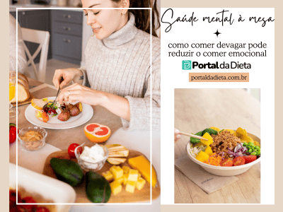 Mulher se alimentando devagar em uma refeição saudável ao lado do título “Saúde mental à mesa: como comer devagar pode reduzir o comer emocional” no Portal da Dieta.