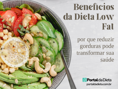 Tigela com salada de abacate, pepino, tomate e castanhas ilustrando os benefícios da dieta low fat – Portal da Dieta.