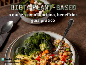 Prato colorido com legumes, grãos e frutas frescas simbolizando a dieta plant-based, com o título “Dieta Plant-Based: O Que É, Como Funciona e Por Que Está Conquistando o Mundo” e a marca Portal da Dieta.