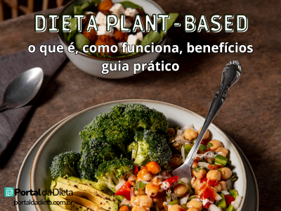 Prato colorido com legumes, grãos e frutas frescas simbolizando a dieta plant-based, com o título “Dieta Plant-Based: O Que É, Como Funciona e Por Que Está Conquistando o Mundo” e a marca Portal da Dieta.