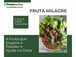 Fruta milagre em cesto com folhas verdes — destaque do artigo “A fruta que engana o paladar e ajuda na dieta” do Portal da Dieta.