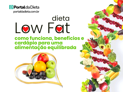 Frutas e vegetais coloridos formando espiral ao lado de um coração de fita métrica, ilustrando a dieta low fat e alimentação equilibrada – Portal da Dieta.