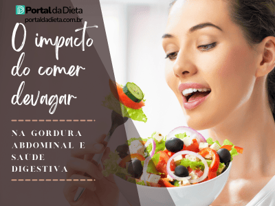 Mulher comendo salada fresca ao lado do título “O impacto do comer devagar na gordura abdominal e saúde digestiva” no Portal da Dieta.