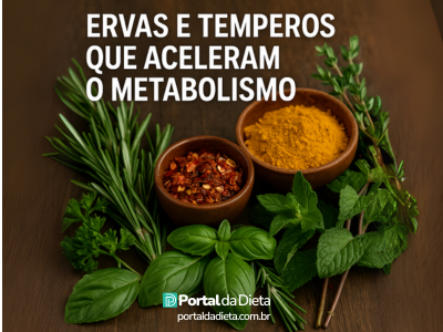 Ervas frescas e temperos como cúrcuma e pimenta calabresa sobre mesa de madeira com texto 'Ervas e temperos que aceleram o metabolismo, ervas para queimar gordura abdominal.